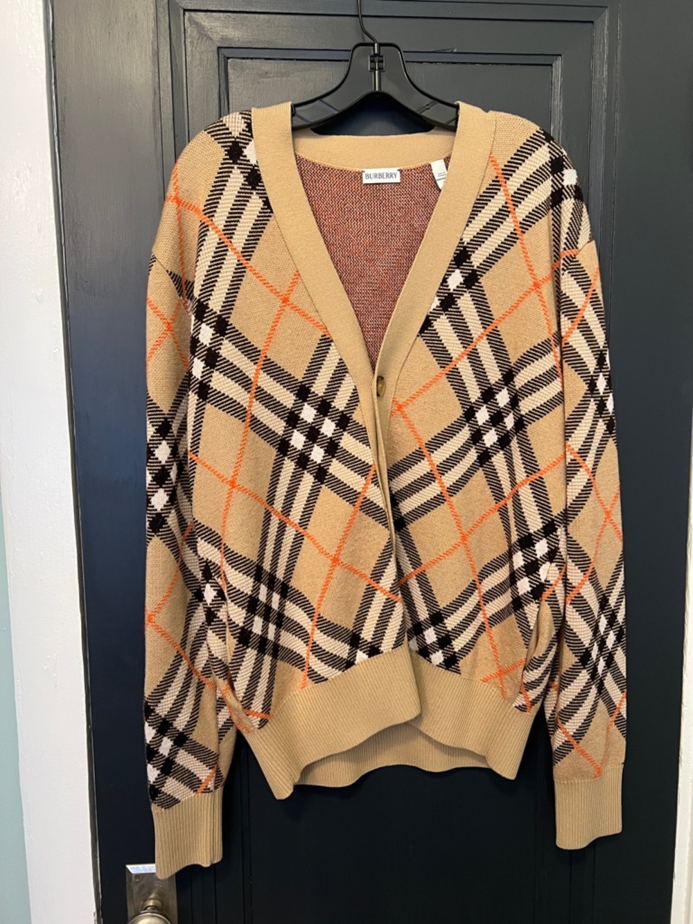 Burberry Beige Plaid V-Neck Button Cardigan with Orange Accents